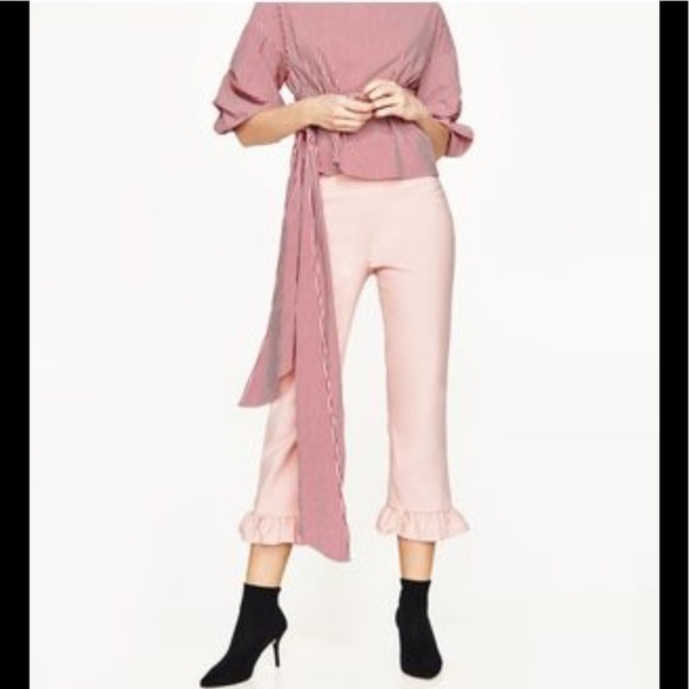 Zara light pink crop pants frill ruffle hem